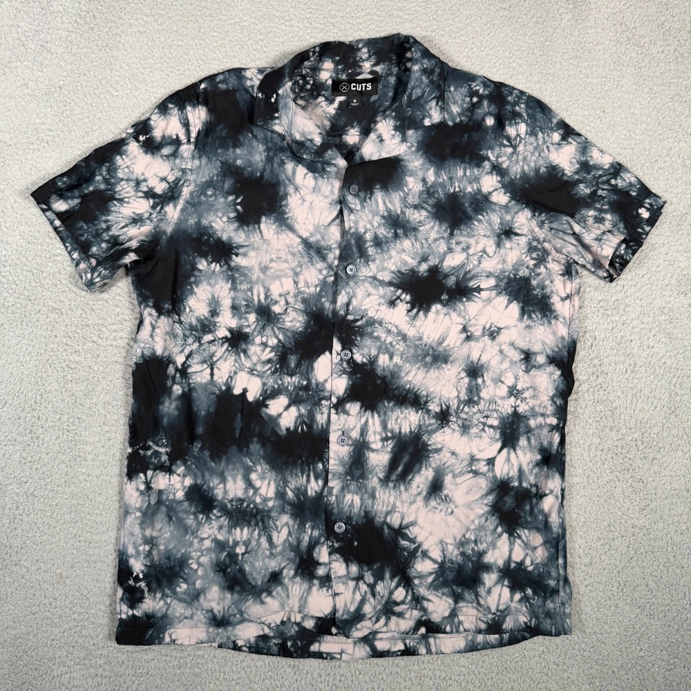 Cuts Shirt Mens Medium Blue Pink Tie Dye Hyperloop Button Up Rayon Casual Beach
